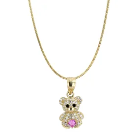 10K yellow gold baby miami Cuban link chain pink teddy bear pemdant -3466