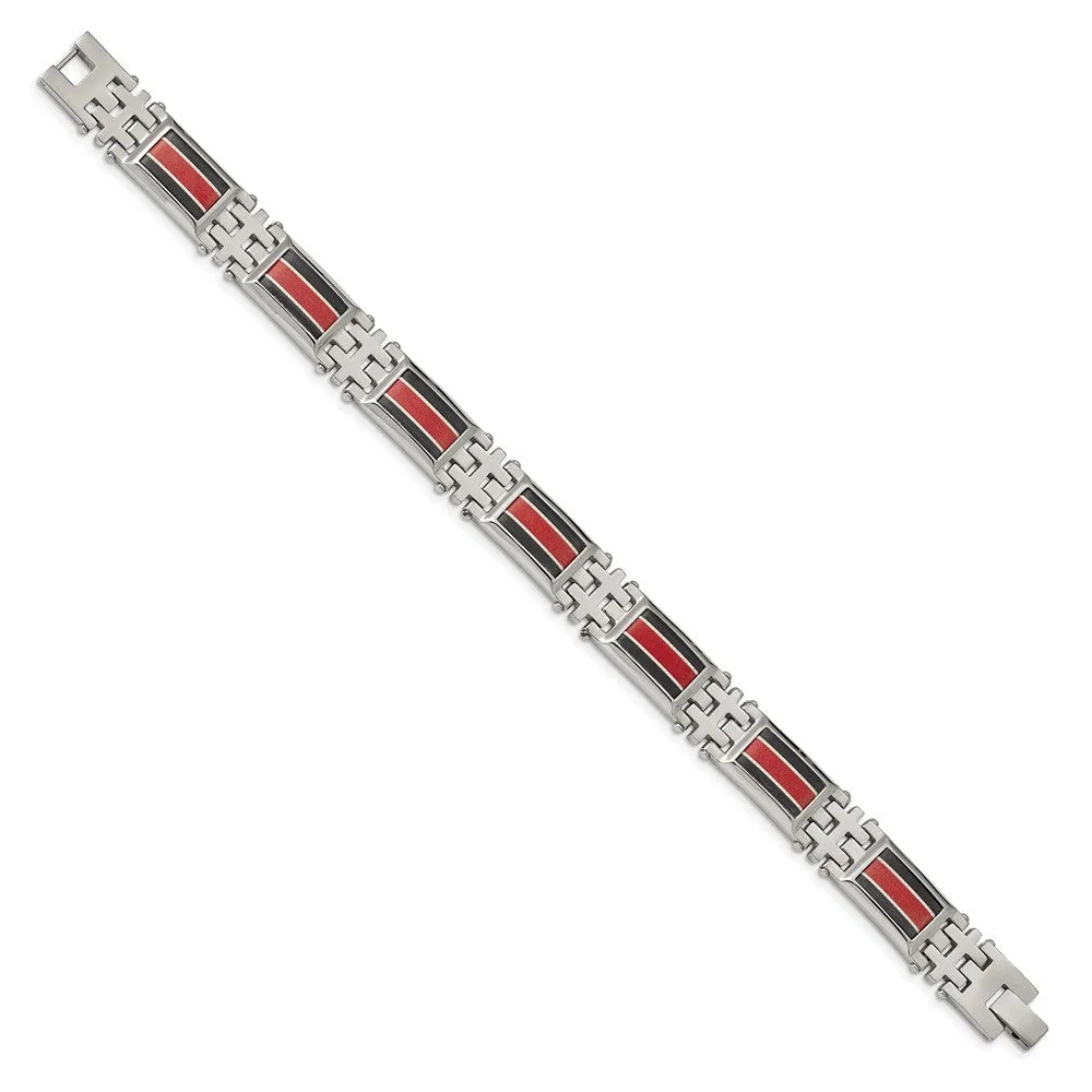 13mm Stainless Steel Blk Carbon Fiber Red Fiberglass Bracelet, 9.25 In