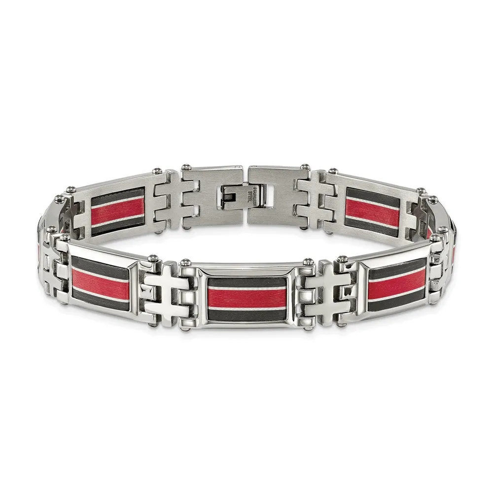 13mm Stainless Steel Blk Carbon Fiber Red Fiberglass Bracelet, 9.25 In