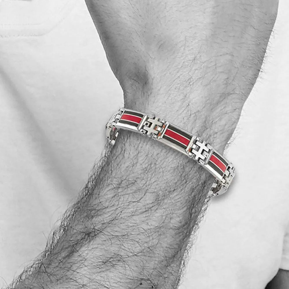 13mm Stainless Steel Blk Carbon Fiber Red Fiberglass Bracelet, 9.25 In