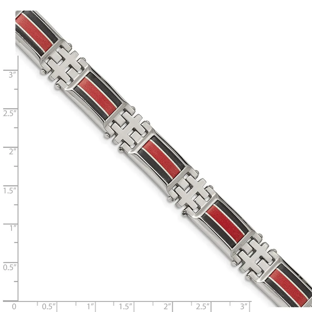 13mm Stainless Steel Blk Carbon Fiber Red Fiberglass Bracelet, 9.25 In