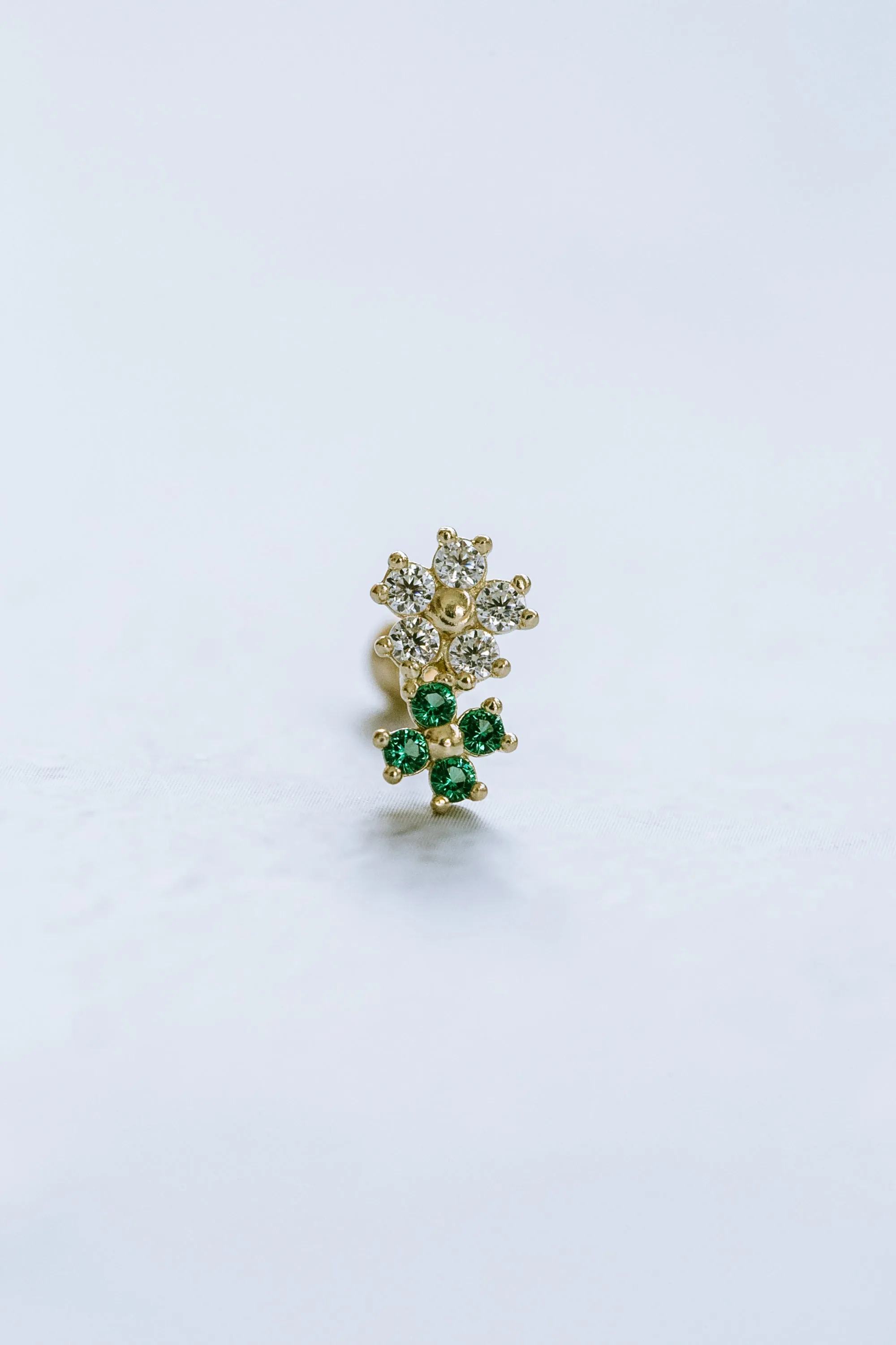 14k Real Solid Gold CZ Green Four Leaf Clover Tragus Helix Inner Conch Cartilage Barbell Ear Post Stud Earring Piercing