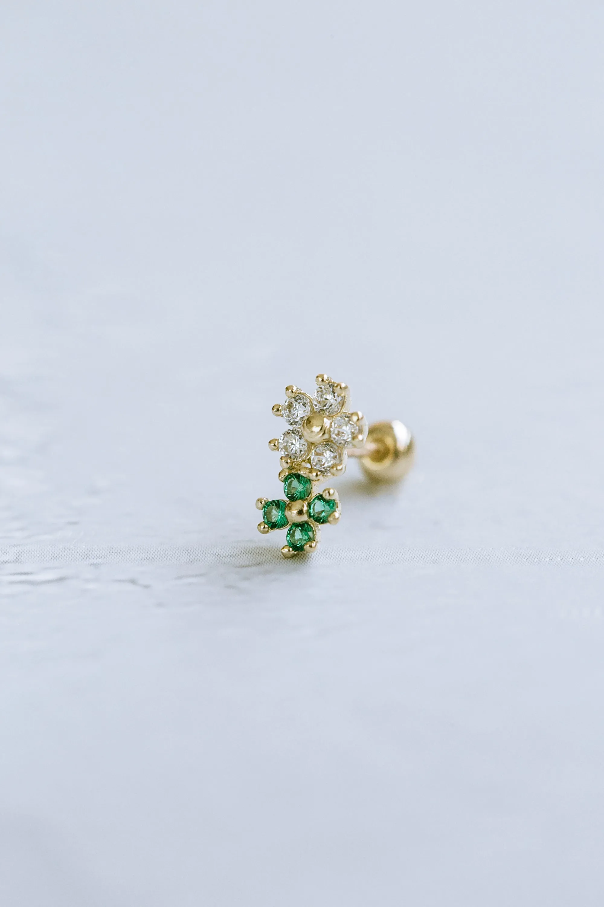 14k Real Solid Gold CZ Green Four Leaf Clover Tragus Helix Inner Conch Cartilage Barbell Ear Post Stud Earring Piercing