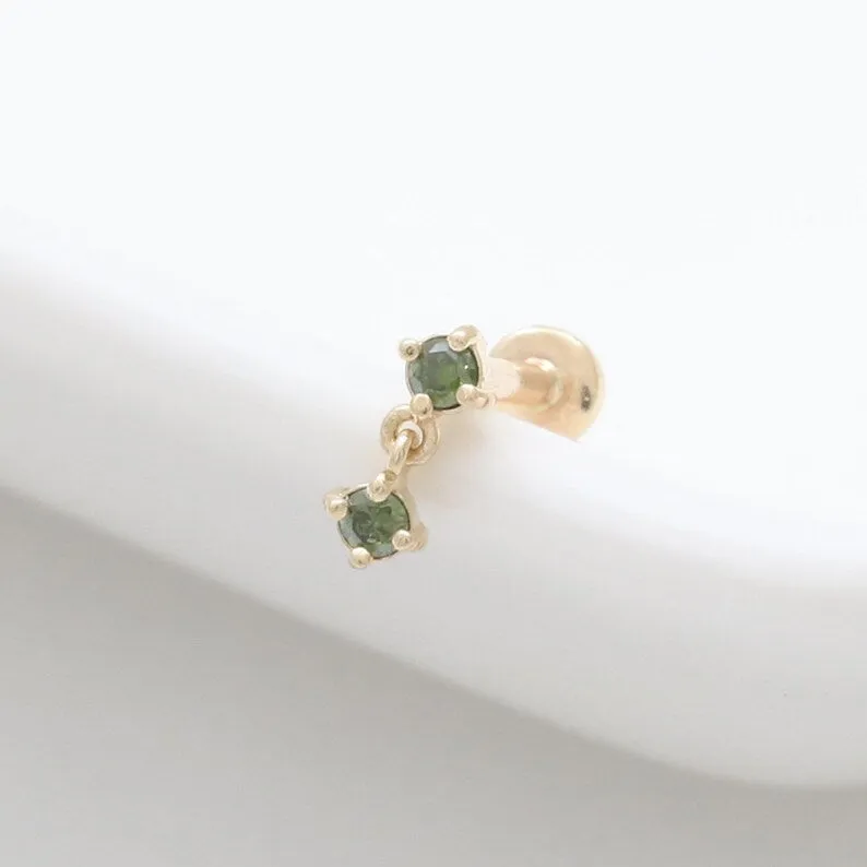 14K Solid Gold Black, Blue, Green or Cognac Genuine Diamond Dangling Cartilage Tragus Helix Conch Internally Labret Piercing