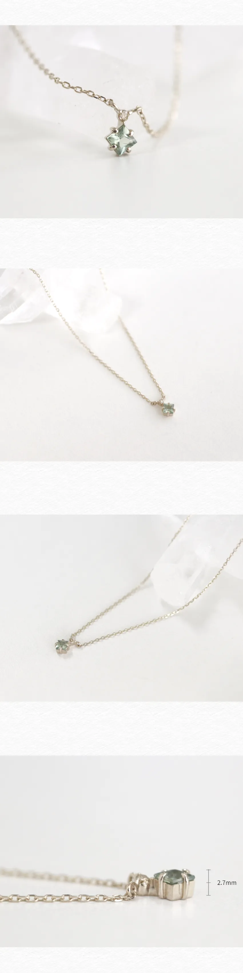 14K Solid Gold Bohemian Vintage Princess Cut Natural Green Sapphire And Diamond Pendant Necklace