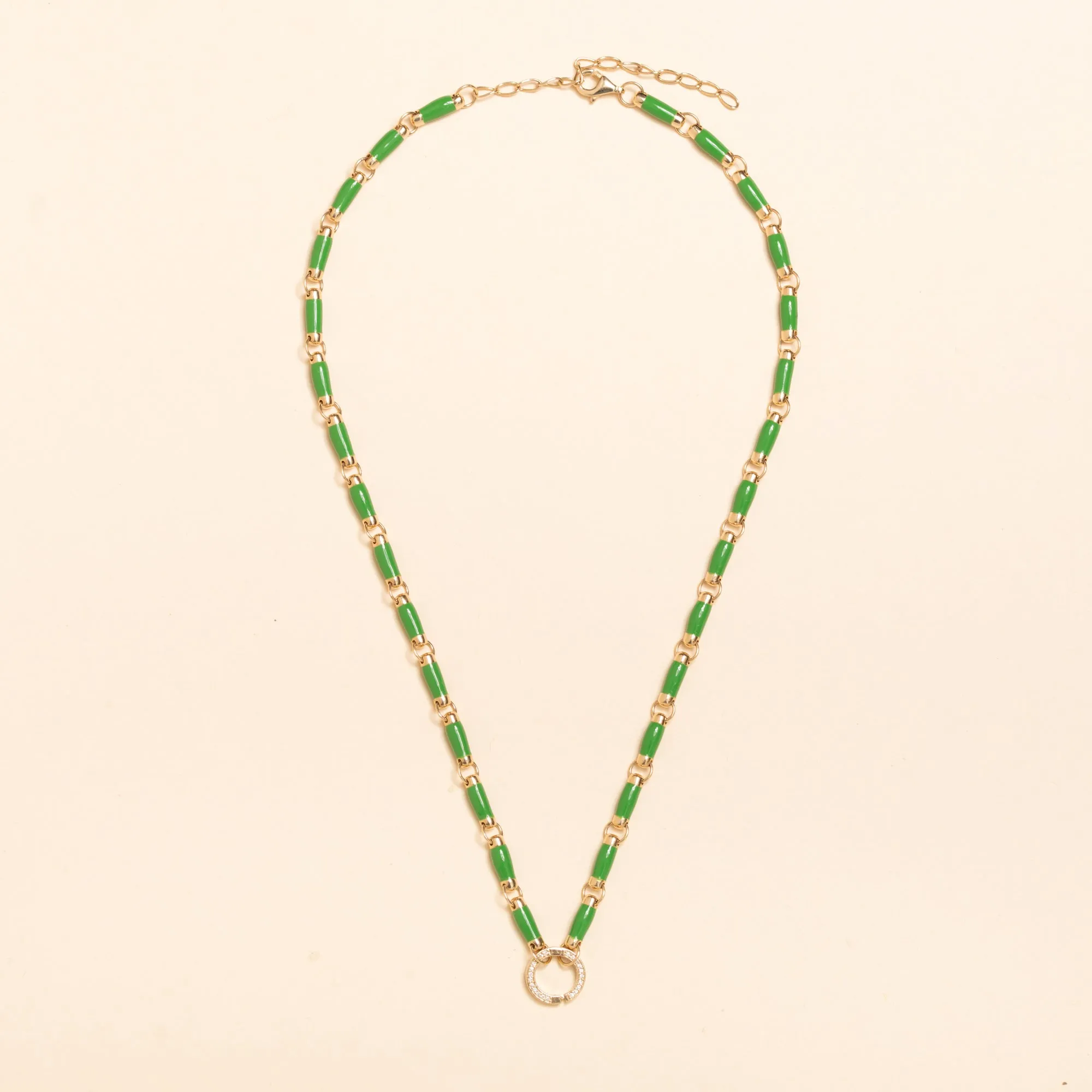 17'' Petite Gold and Green Enamel Link Necklace with Diamond Connector