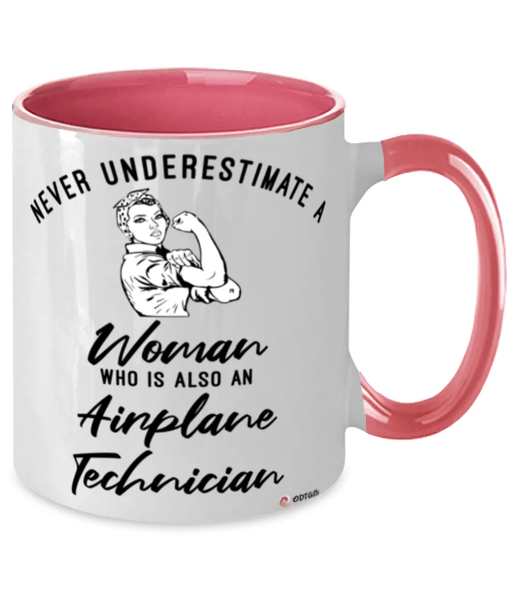 Airplane Technician Mug Never Underestimate A Woman Who Is Also An Airplane Tech Coffee Cup Two Tone Pink 11oz