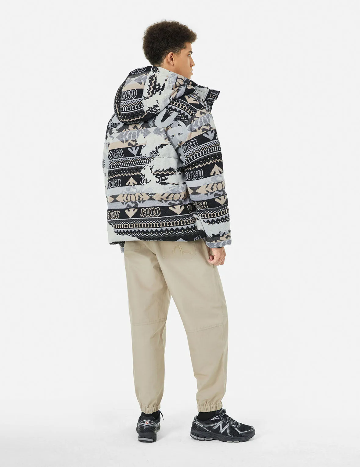 Allover Kamon Intarsia Oversized Down Jacket