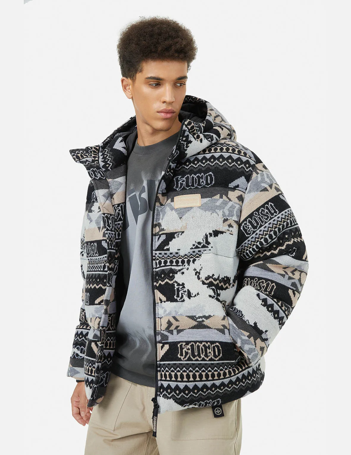 Allover Kamon Intarsia Oversized Down Jacket