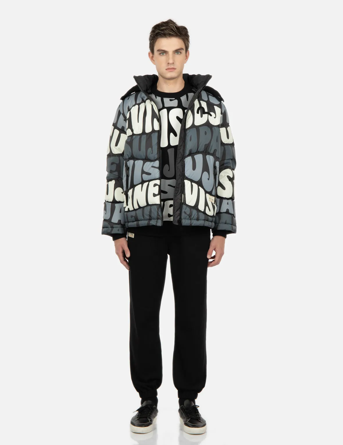 Allover Wavy Text Print Down Jacket