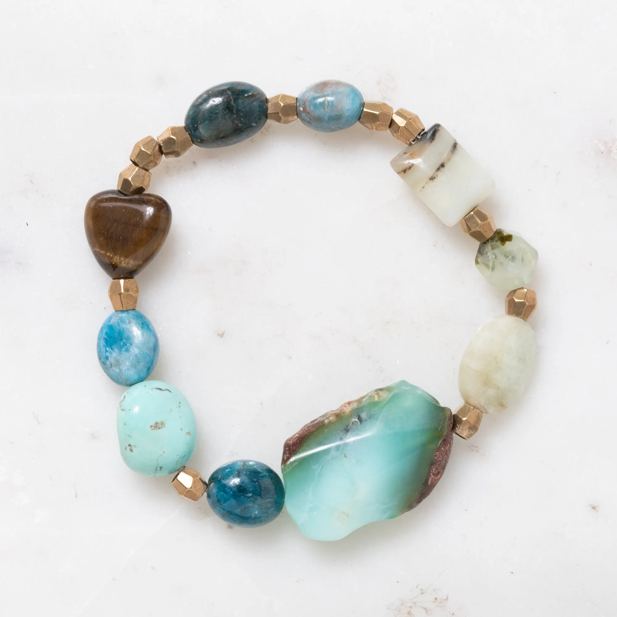 Amanzonite, Tiger Eye, Kingman Turquoise, Apatite, Brass & Green Quartz