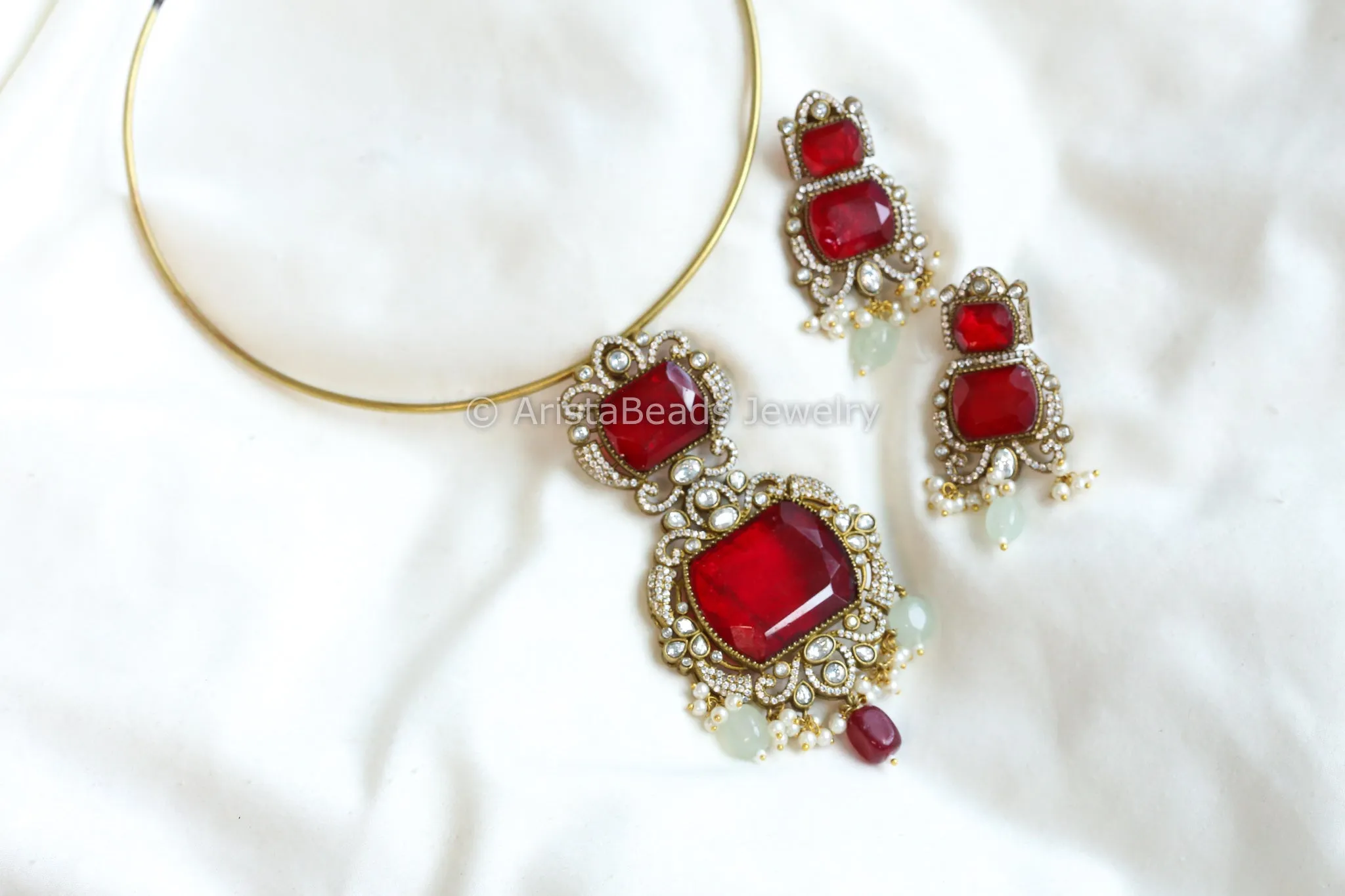 Antique Gold Red Doublet & CZ Stone Necklace Set (ABJ-N101- 62)