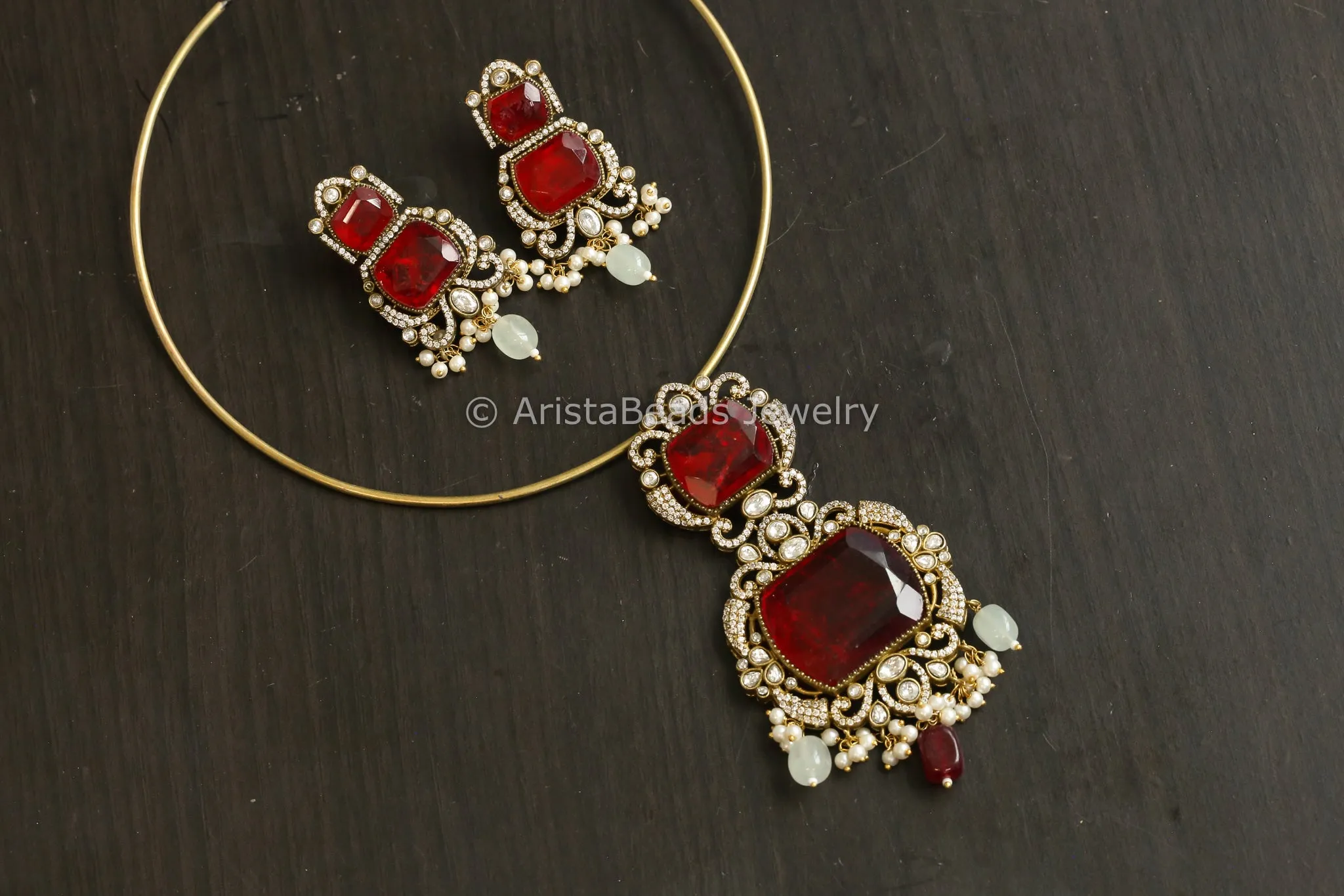 Antique Gold Red Doublet & CZ Stone Necklace Set (ABJ-N101- 62)