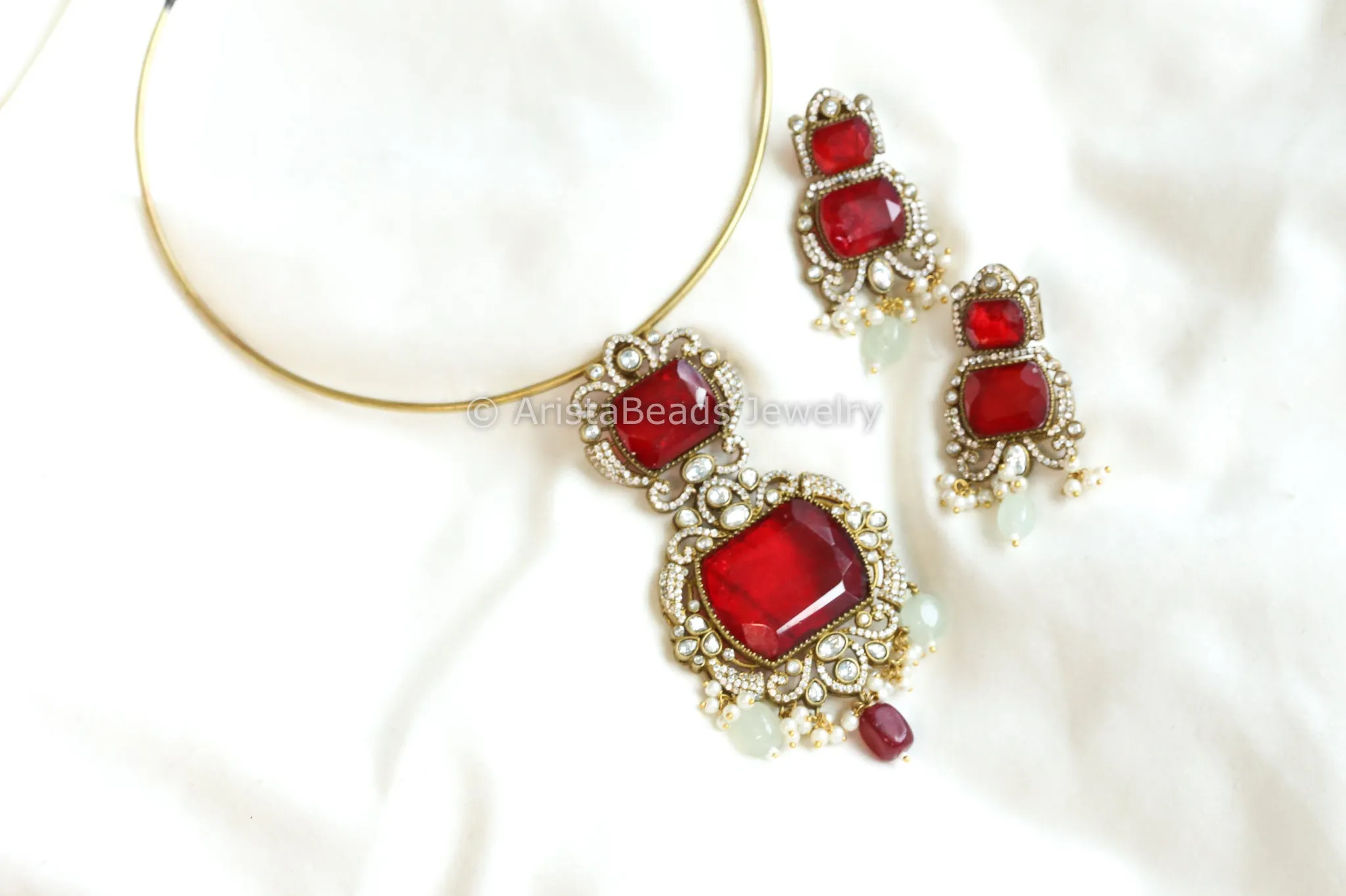 Antique Gold Red Doublet & CZ Stone Necklace Set (ABJ-N101- 62)