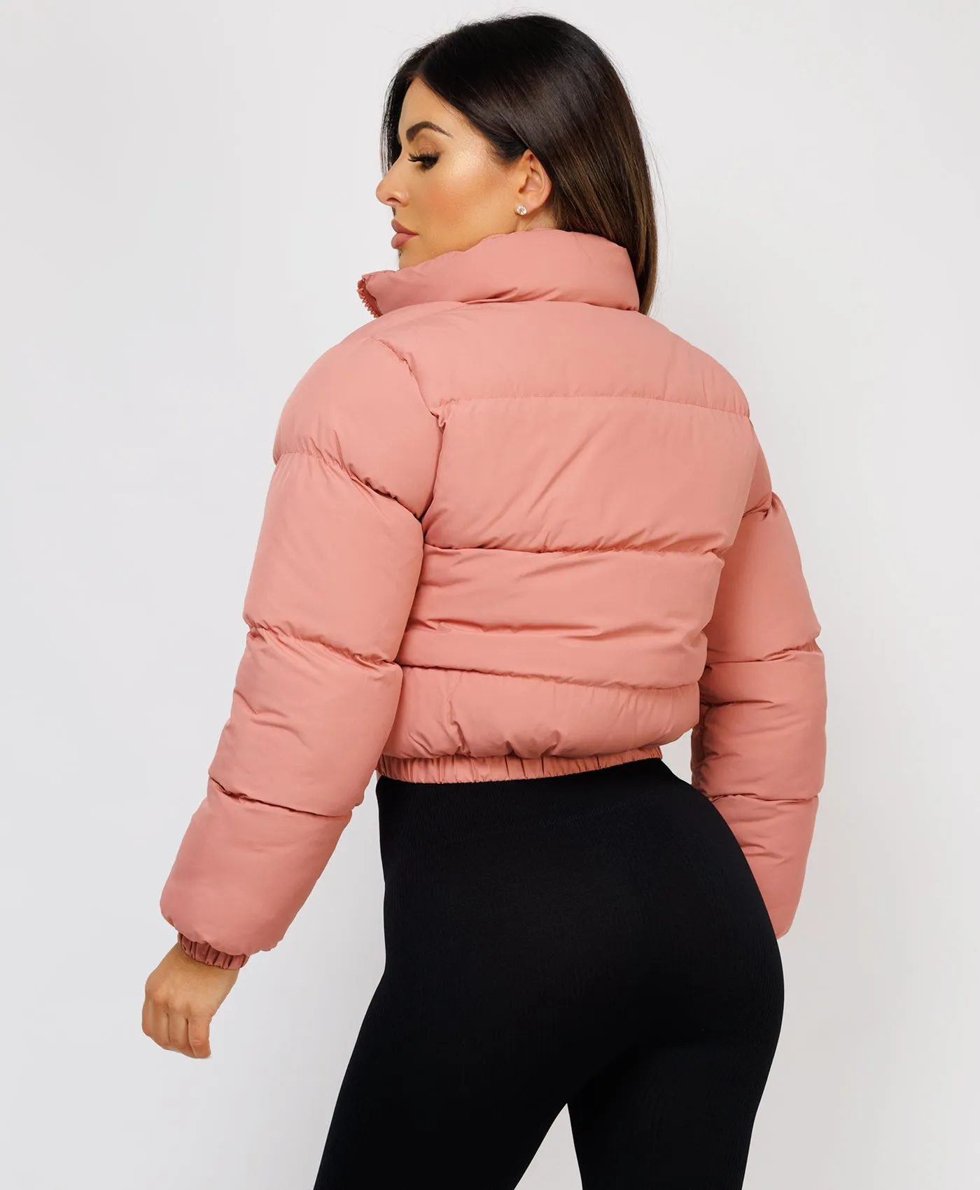 Baby Pink Solid Front Zipper Cropped Padded Puffer Jacket