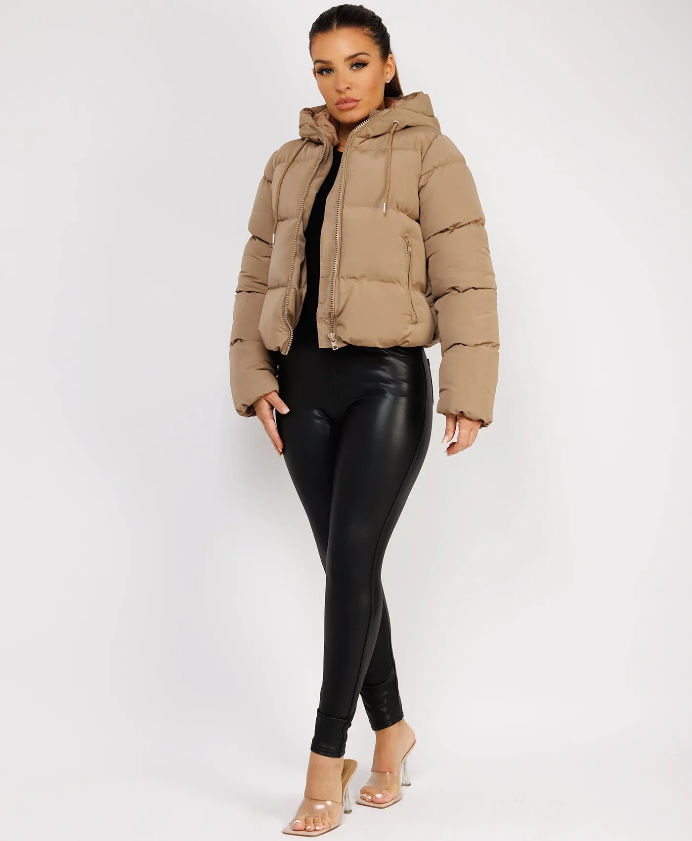 Beige Alpine Quilted Padded Hooded Drawstring Puffer Jacket