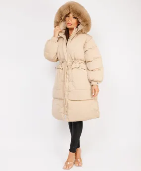 Beige Fluffy Faux Fur Hood Drawstring Waist Midi Puffer Jacket