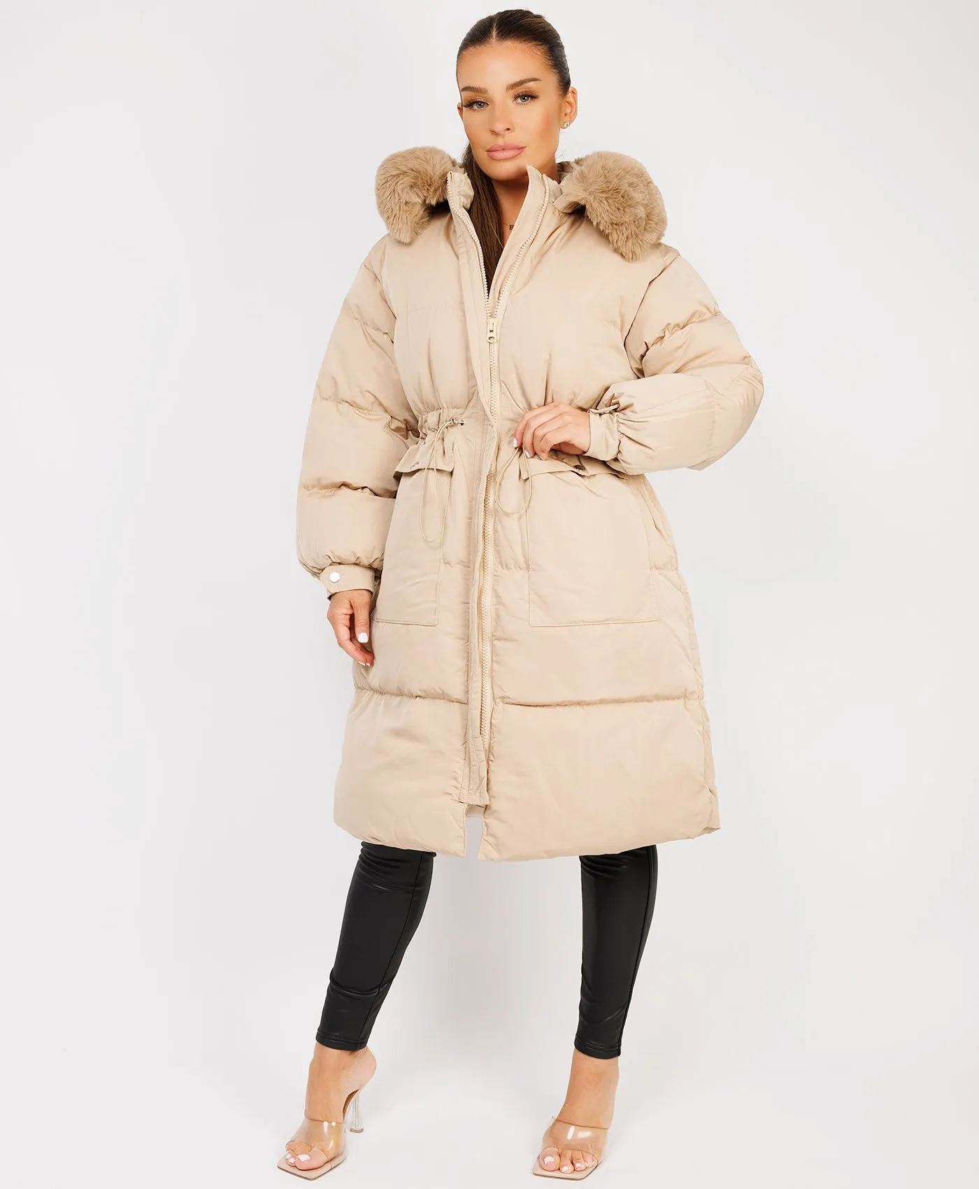 Beige Fluffy Faux Fur Hood Drawstring Waist Midi Puffer Jacket