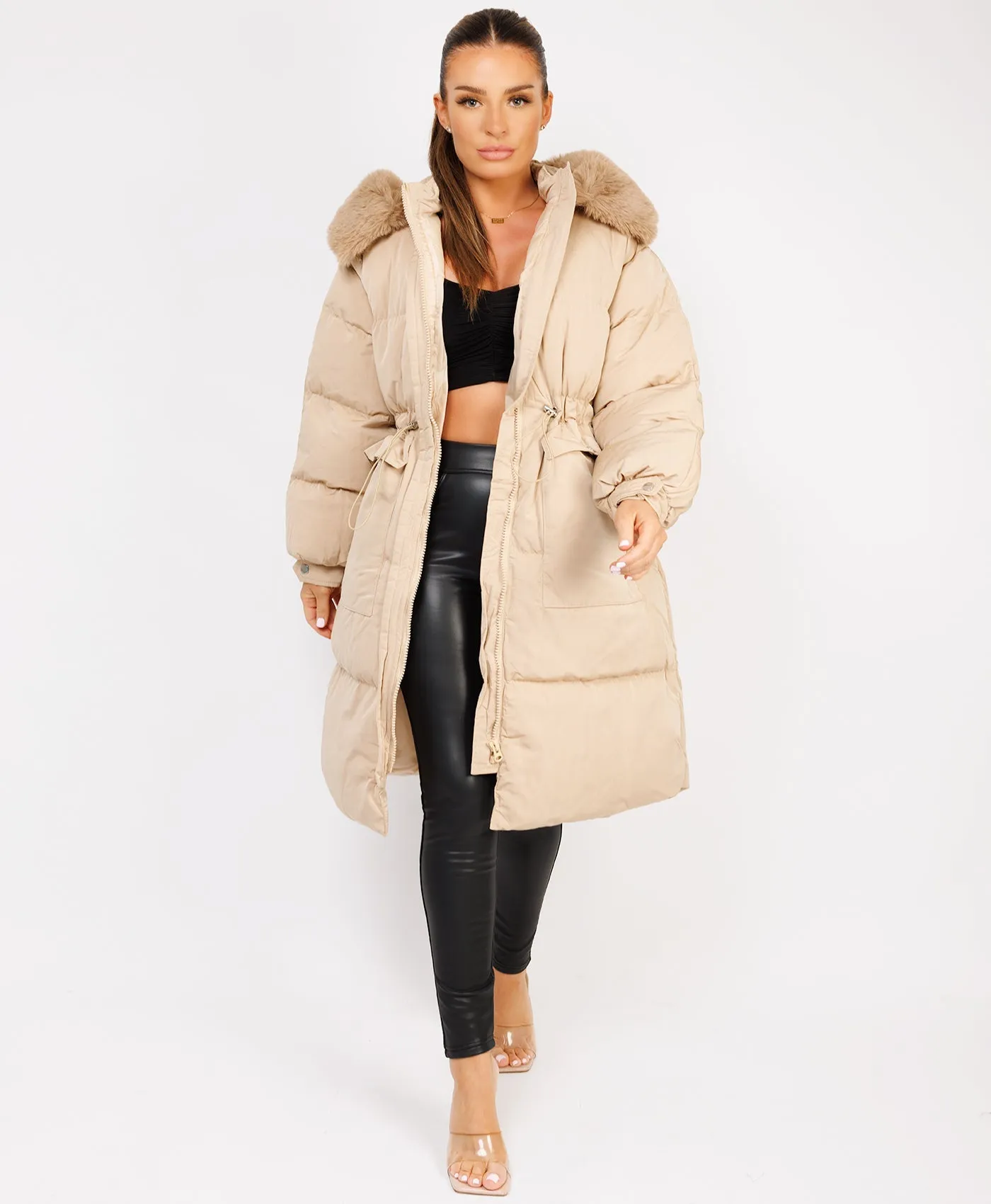 Beige Fluffy Faux Fur Hood Drawstring Waist Midi Puffer Jacket