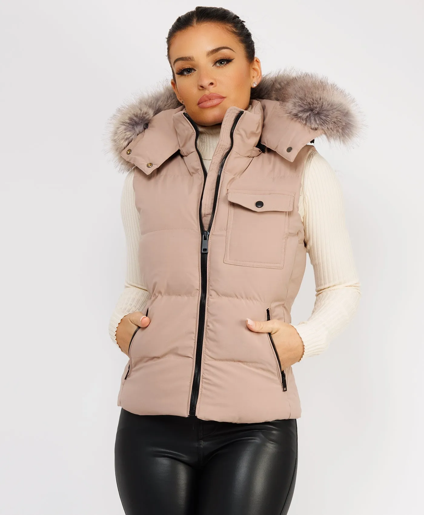 Beige Fluffy Faux Fur Trim Hood Puffer Gilet Vest