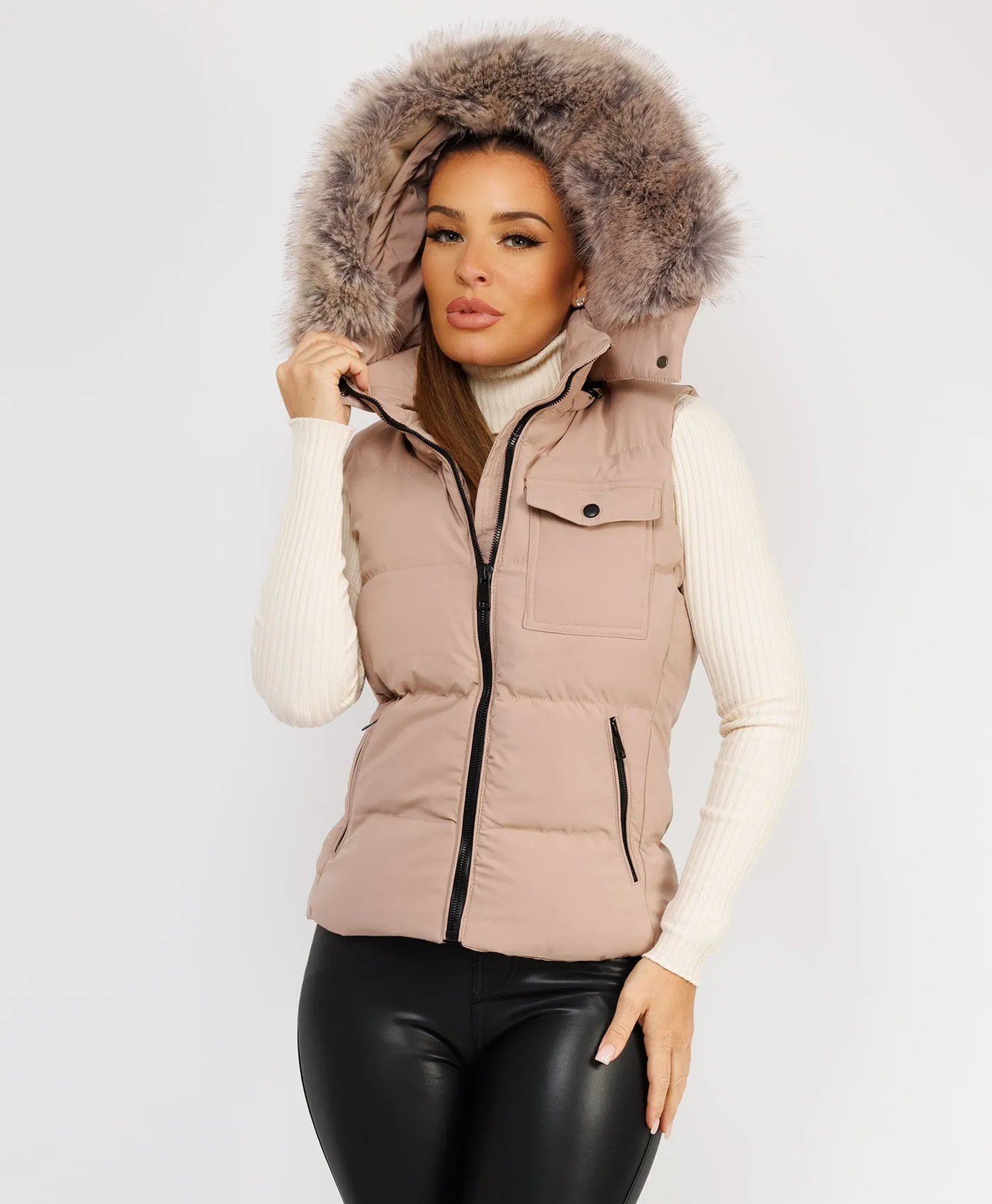 Beige Fluffy Faux Fur Trim Hood Puffer Gilet Vest