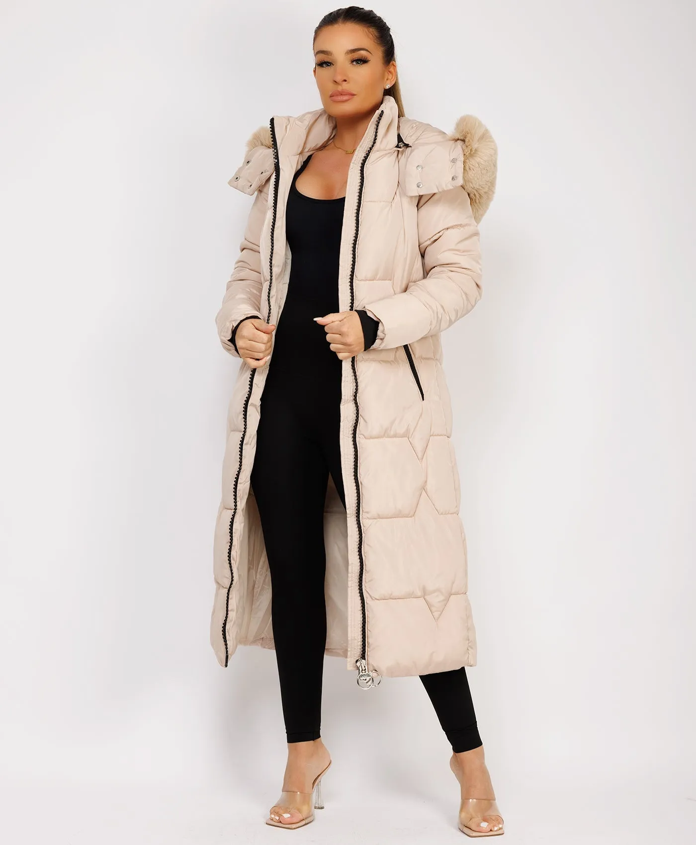 Beige Long Padded Puffer Winter Trench Coat Jacket With Faux Fur Hood