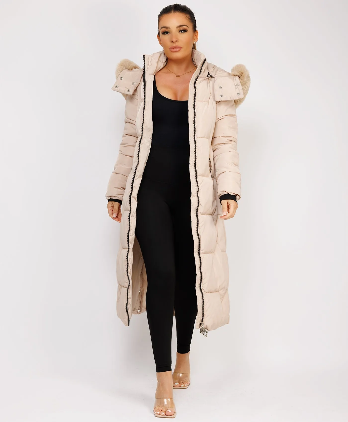 Beige Long Padded Puffer Winter Trench Coat Jacket With Faux Fur Hood