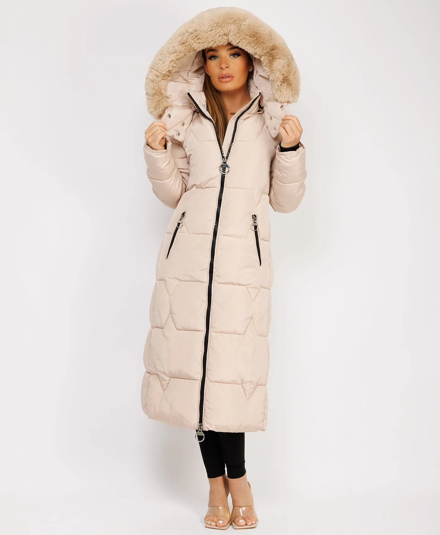 Beige Long Padded Puffer Winter Trench Coat Jacket With Faux Fur Hood