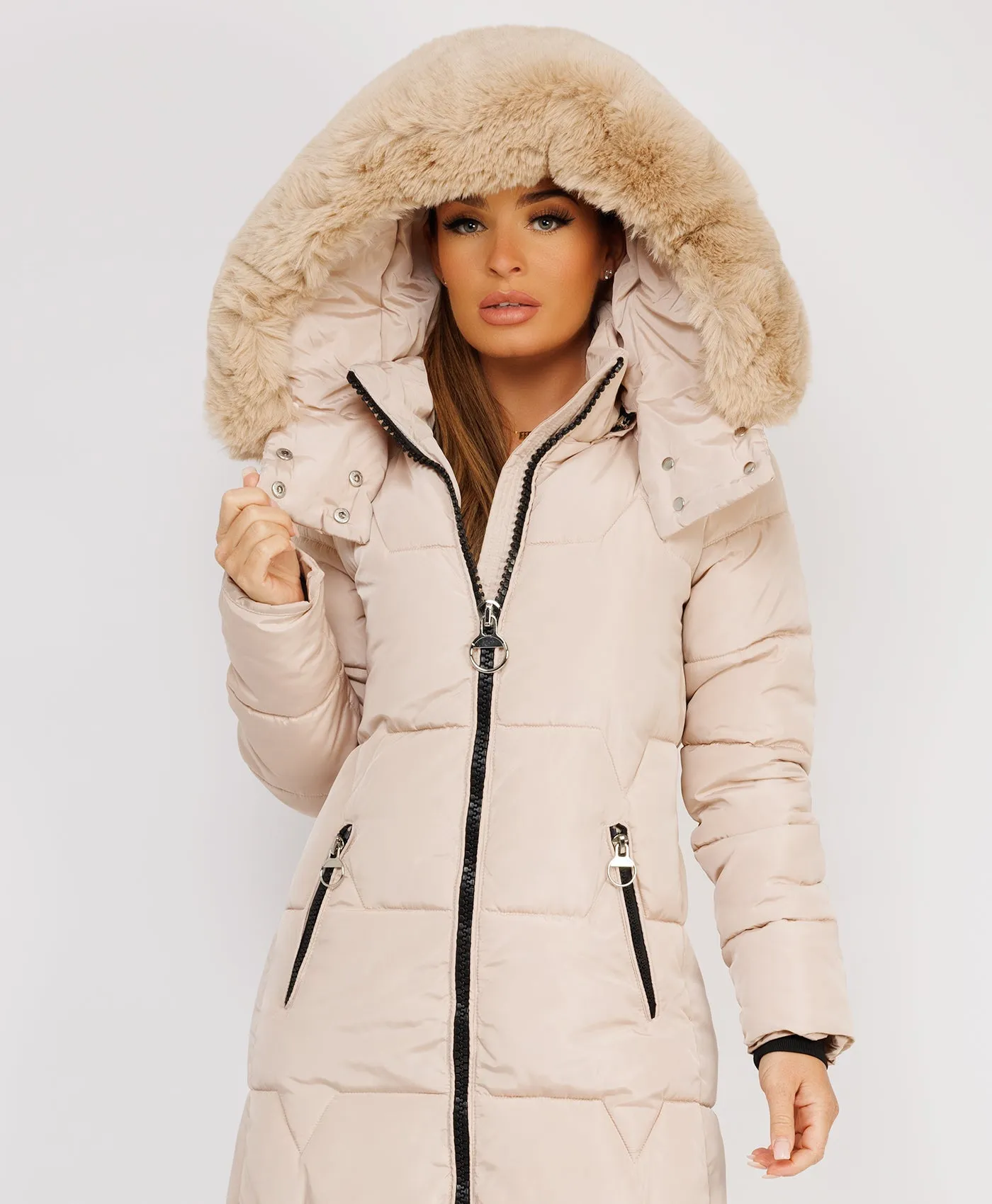 Beige Long Padded Puffer Winter Trench Coat Jacket With Faux Fur Hood