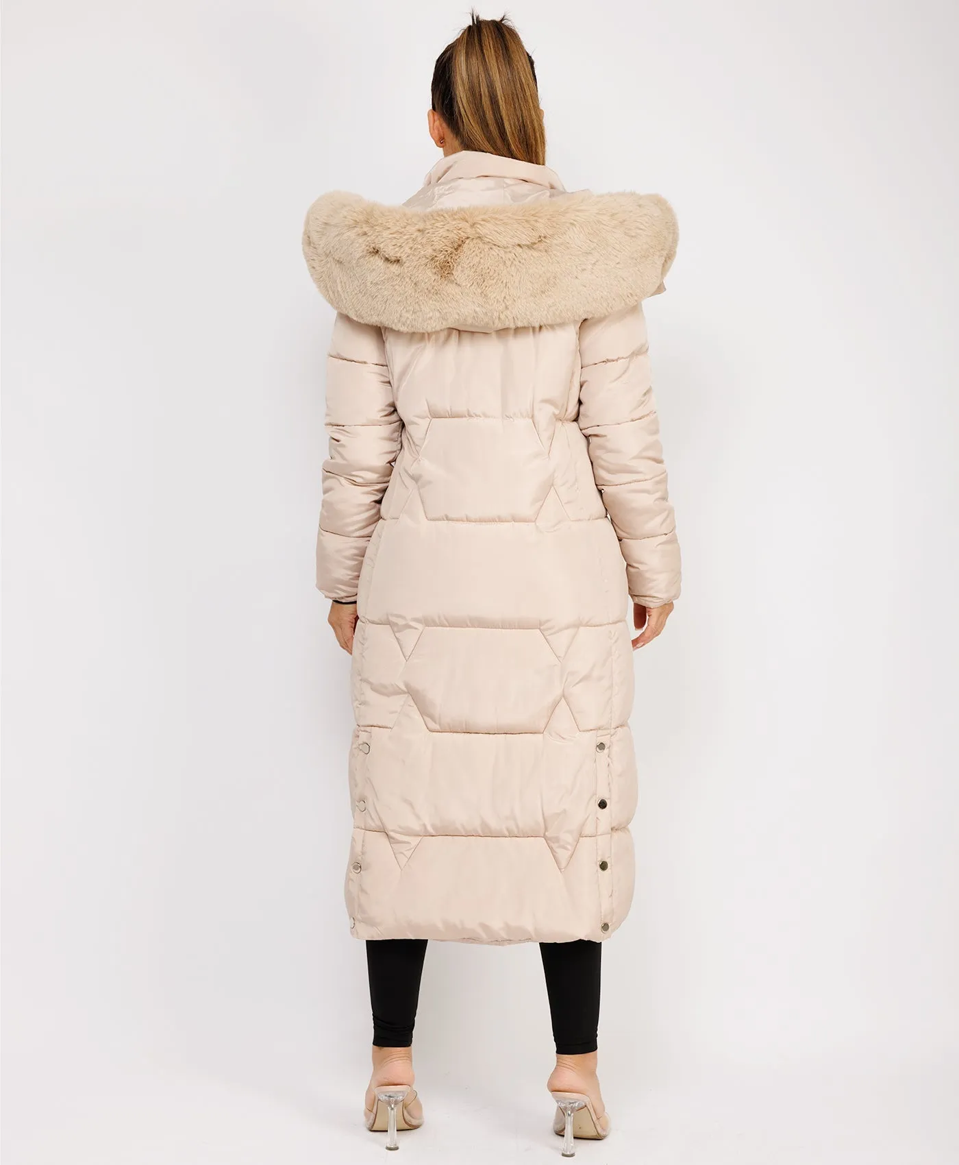 Beige Long Padded Puffer Winter Trench Coat Jacket With Faux Fur Hood