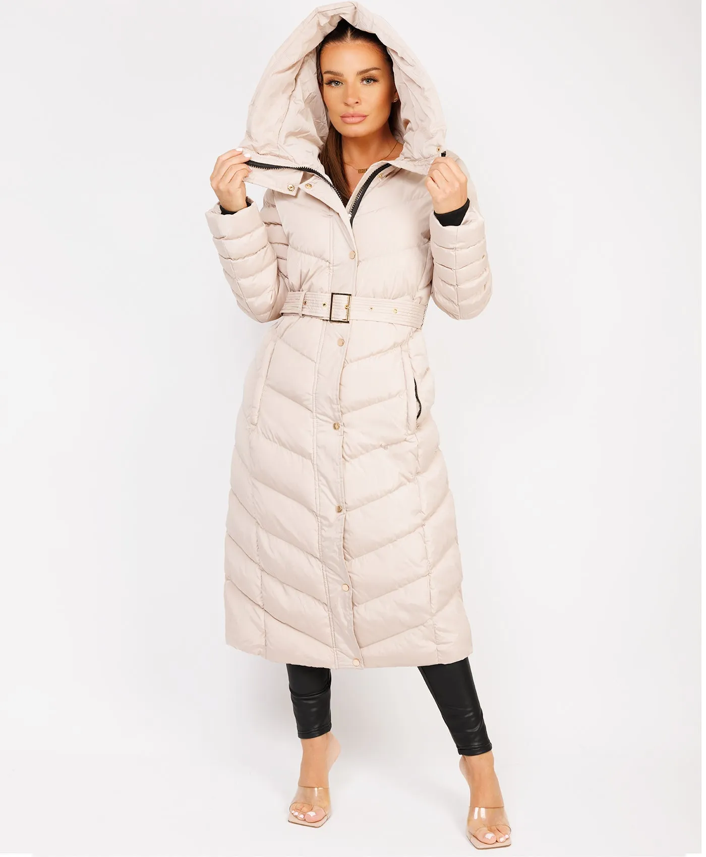 Beige Longline Padded Full Length Belted Puffer Coat Jacket