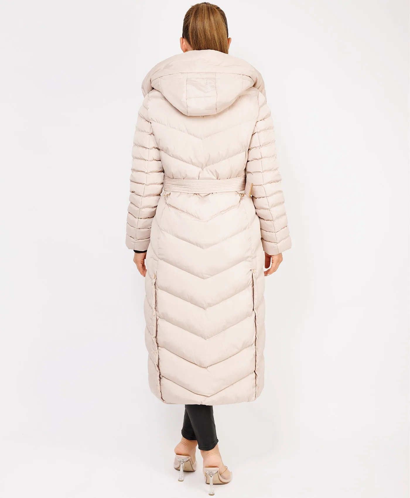 Beige Longline Padded Full Length Belted Puffer Coat Jacket