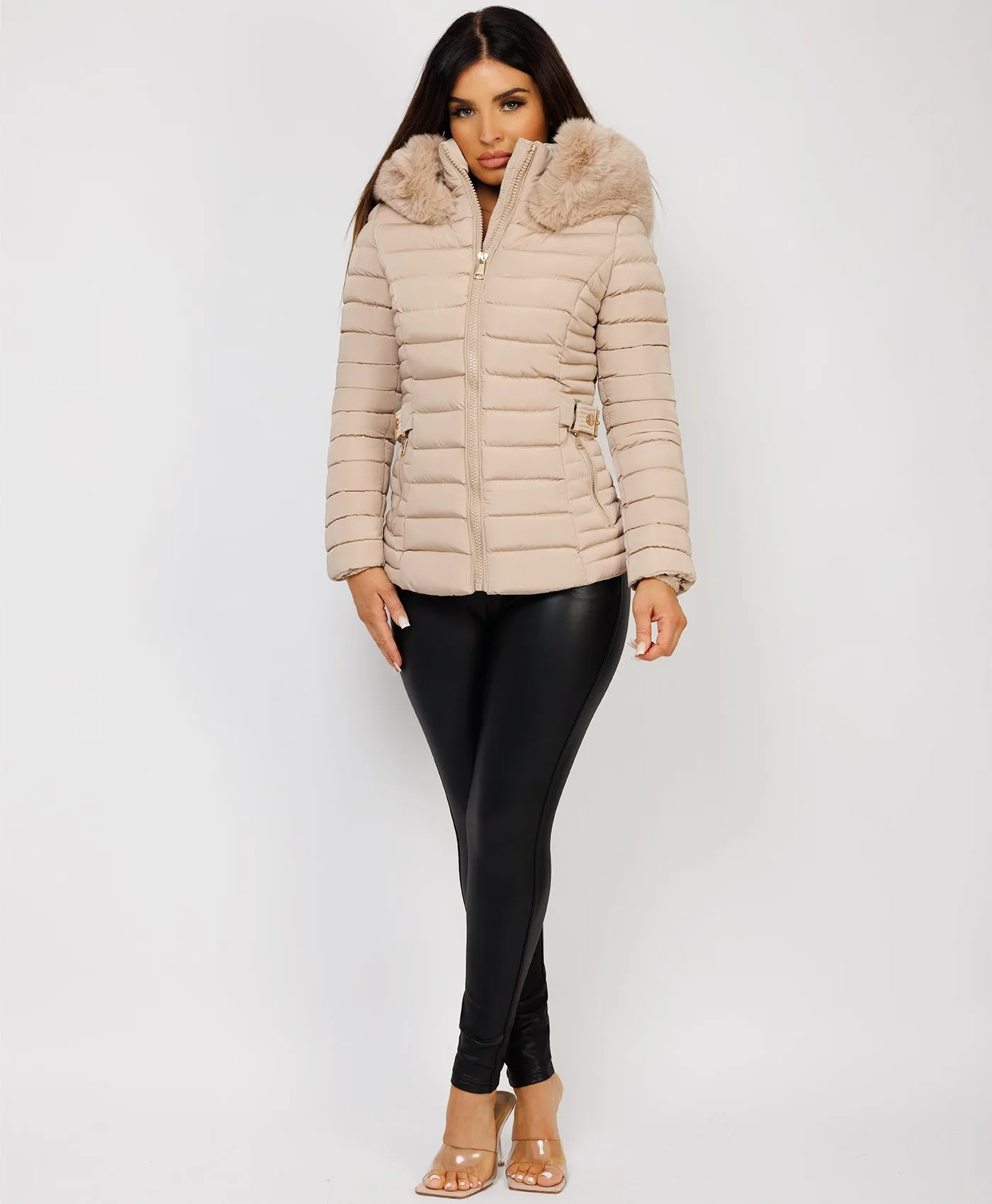 Beige Luxe Quilted Faux Fur Trim Hooded Belted Puffer Coat