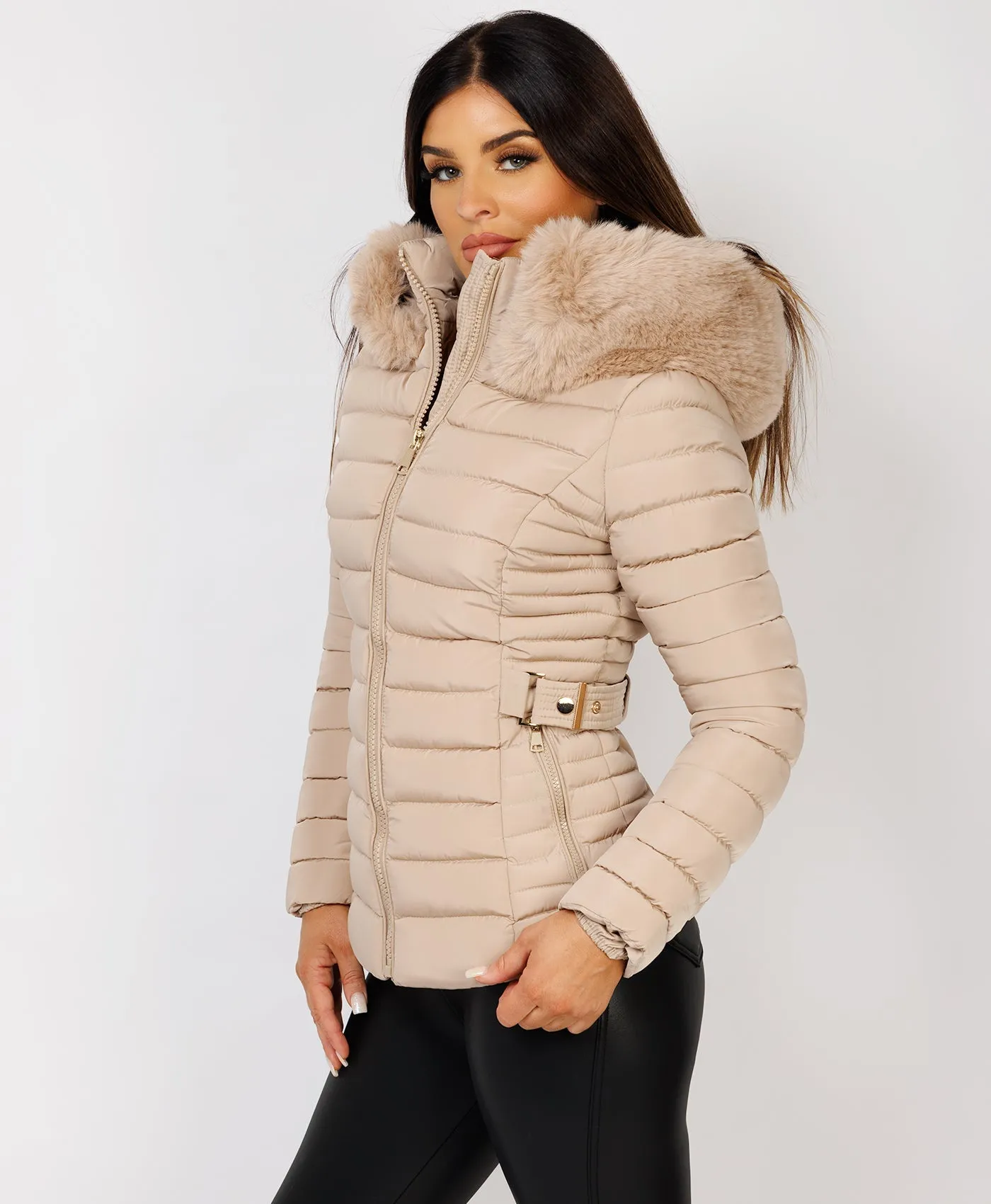 Beige Luxe Quilted Faux Fur Trim Hooded Belted Puffer Coat