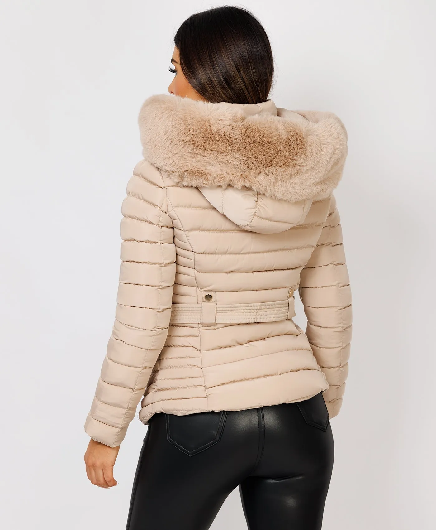 Beige Luxe Quilted Faux Fur Trim Hooded Belted Puffer Coat