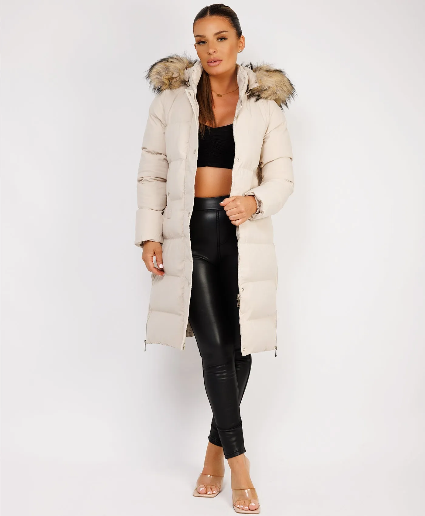 Beige Maxi Faux Fur Hood Padded Puffer Jacket