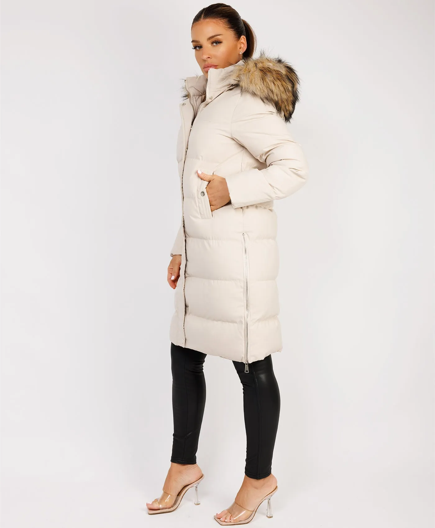 Beige Maxi Faux Fur Hood Padded Puffer Jacket