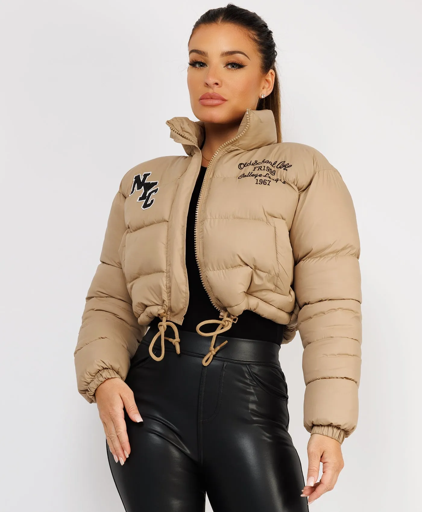 Beige NYC Quilted Padded Cropped Puffer Jacket