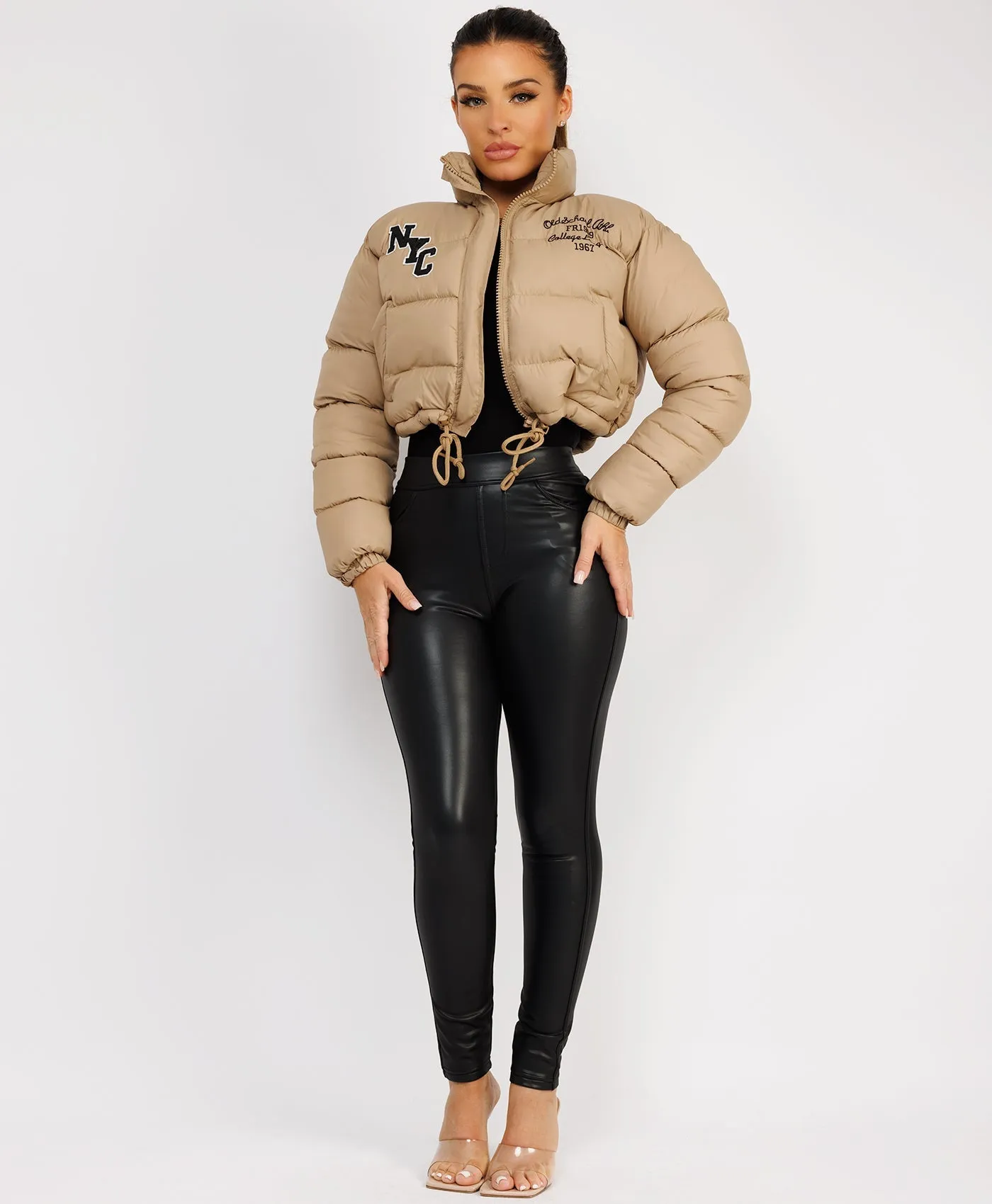 Beige NYC Quilted Padded Cropped Puffer Jacket