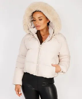 Beige Padded Puffer Chunky Faux Fur Hood Drawstring Jacket