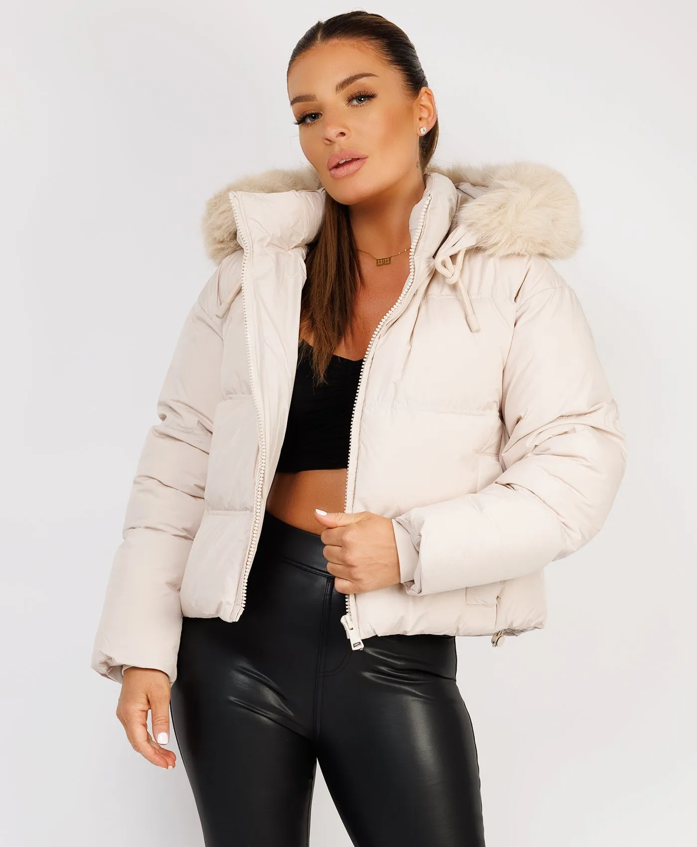 Beige Padded Puffer Chunky Faux Fur Hood Drawstring Jacket