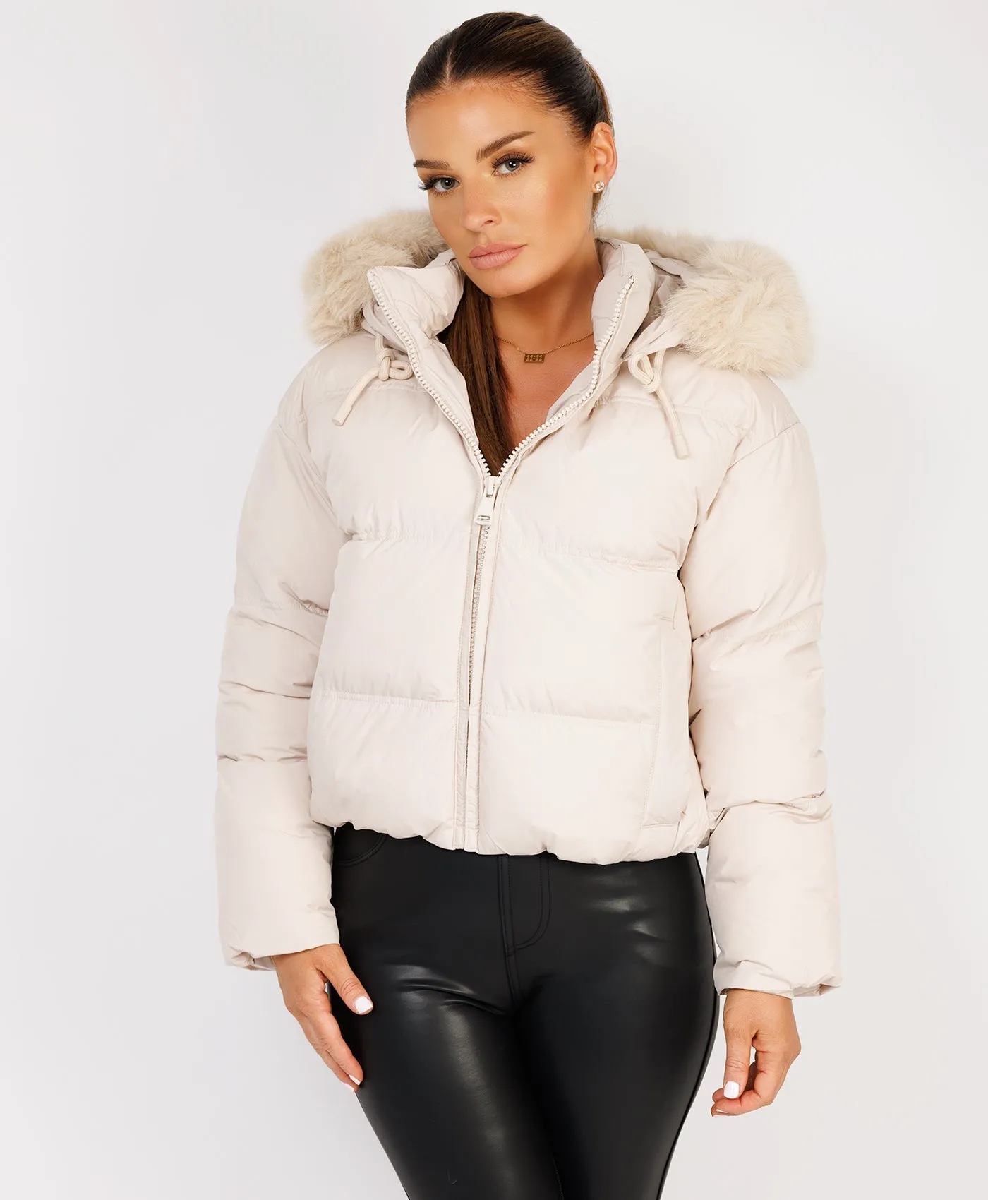 Beige Padded Puffer Chunky Faux Fur Hood Drawstring Jacket