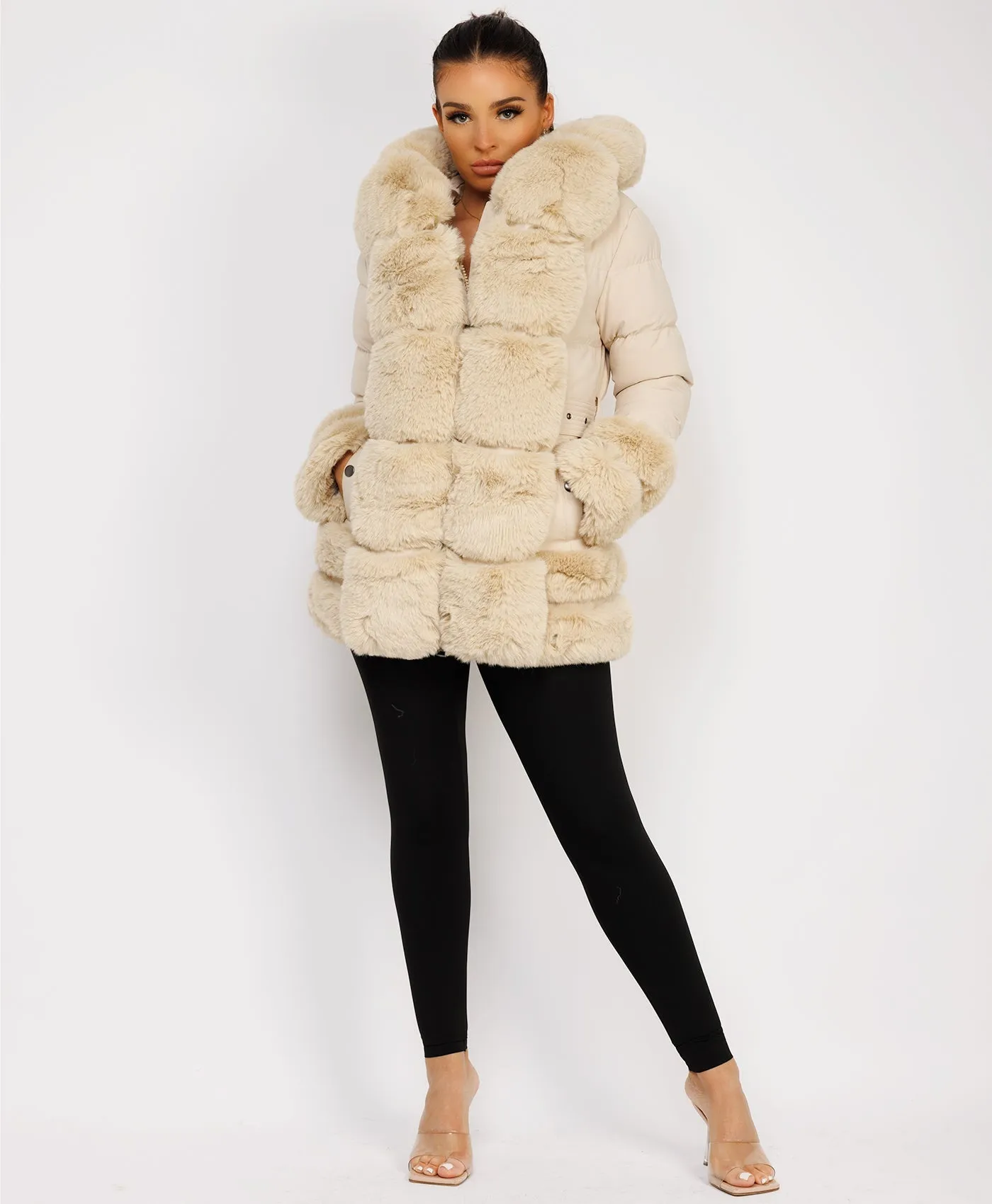 Beige Puffer Padded Jacket With Faux Fur Hood Cuff And Trim