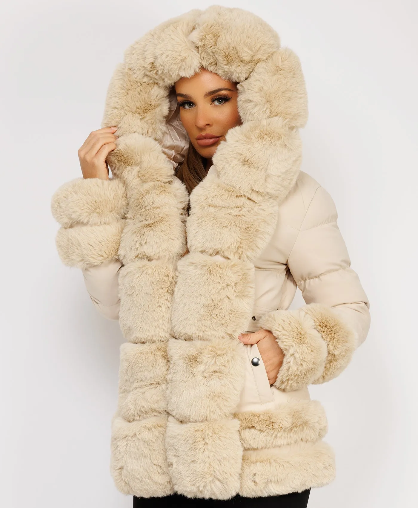 Beige Puffer Padded Jacket With Faux Fur Hood Cuff And Trim