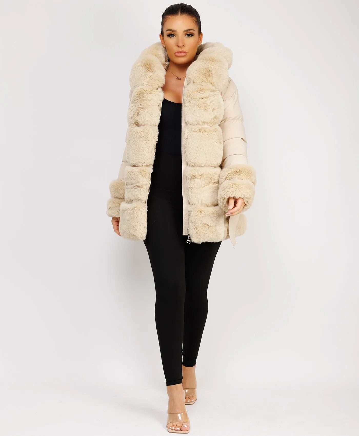 Beige Puffer Padded Jacket With Faux Fur Hood Cuff And Trim