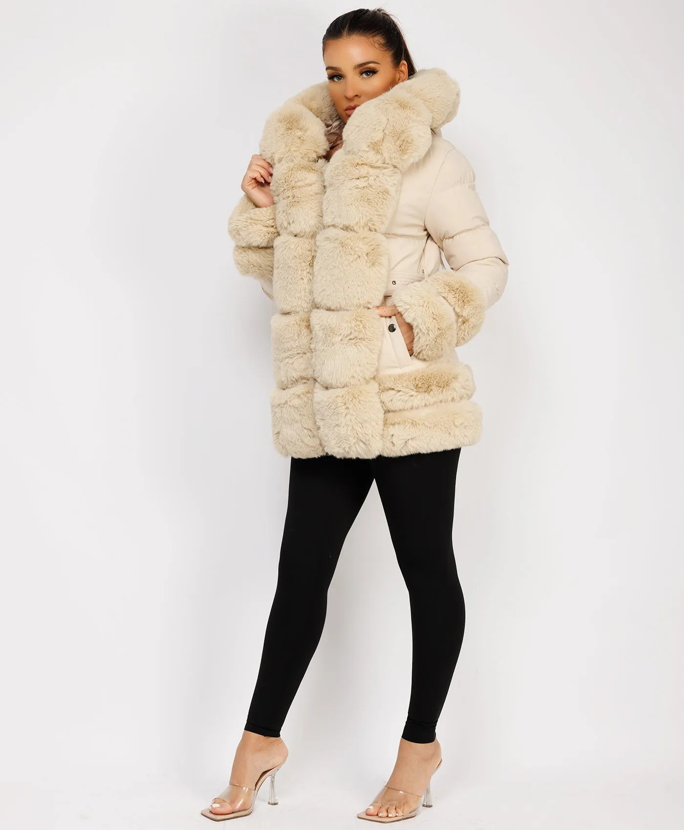 Beige Puffer Padded Jacket With Faux Fur Hood Cuff And Trim