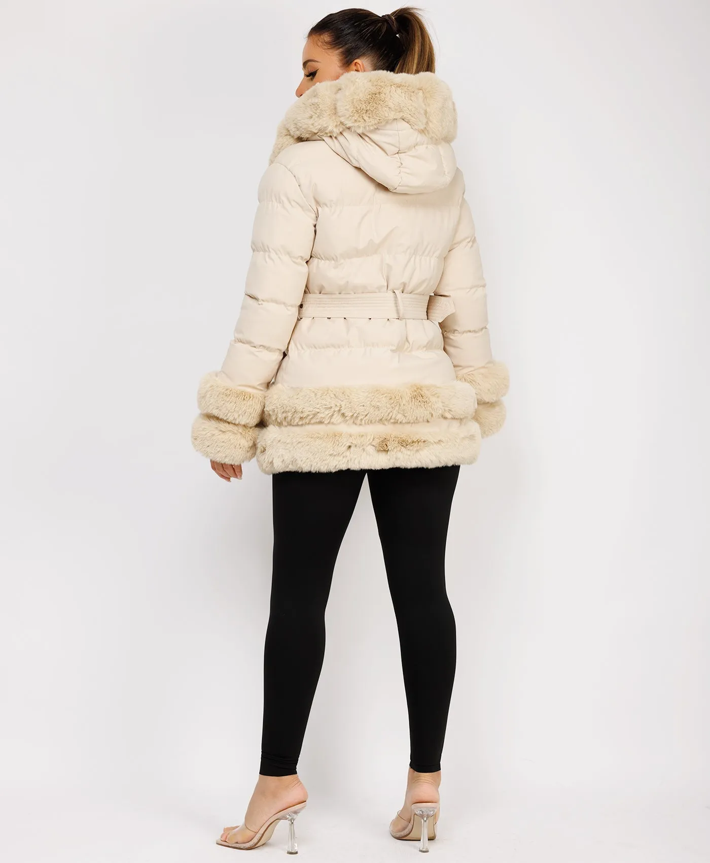 Beige Puffer Padded Jacket With Faux Fur Hood Cuff And Trim