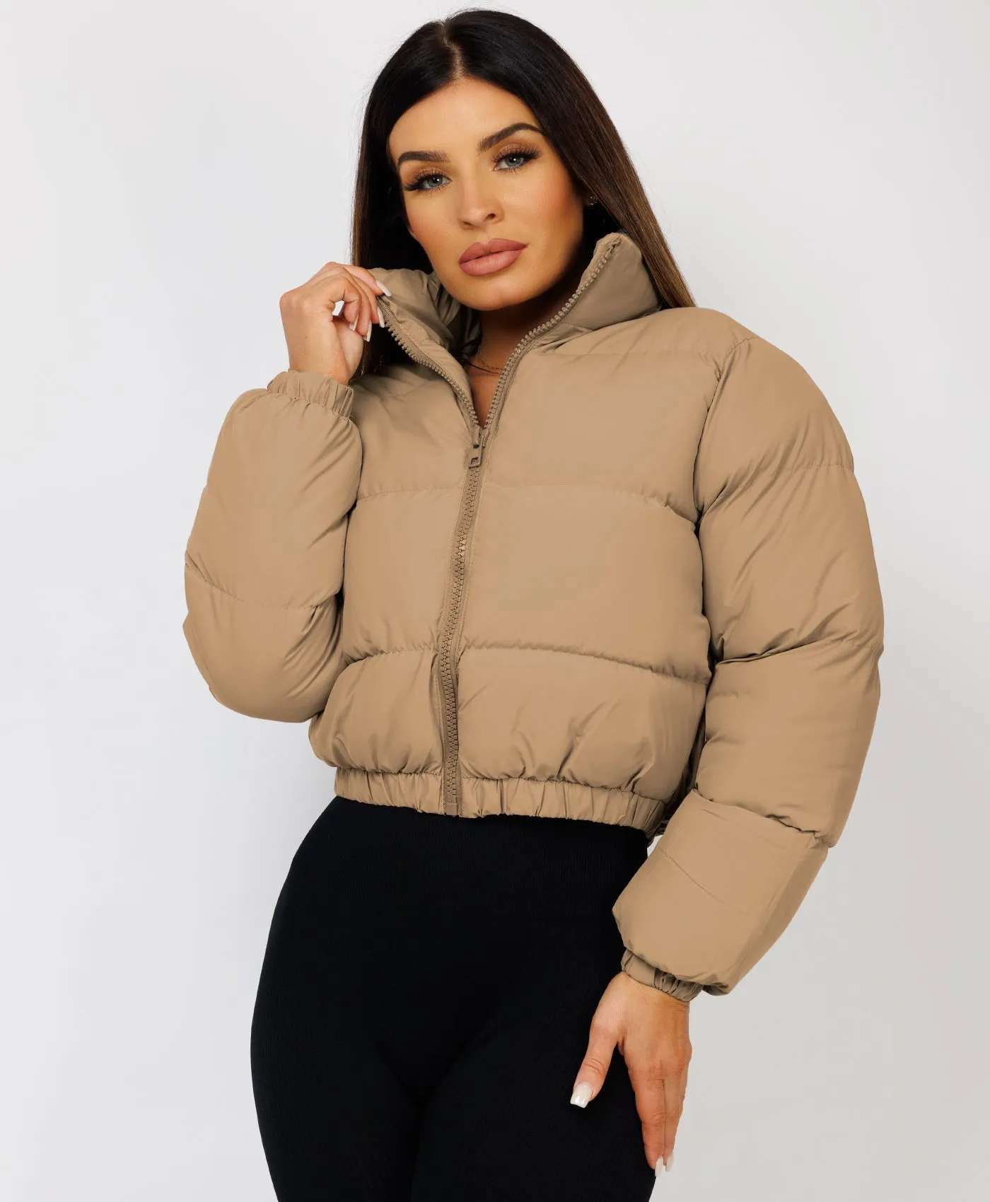 Beige Solid Front Zipper Cropped Padded Puffer Jacket