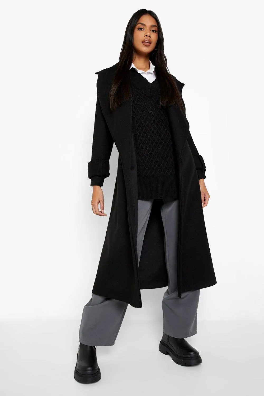 Belted Button Detail Wool Look Trench Coat