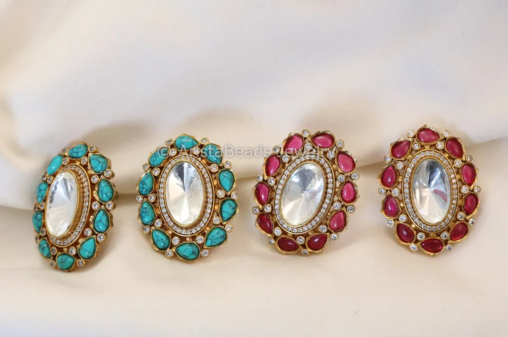 Big Uncut Kundan Studs (Turquoise / Red)